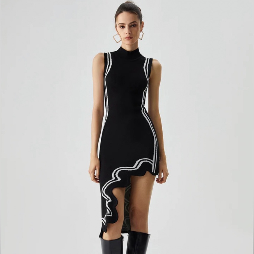 Commense Knit Asymmetric Contrast Trim Mock Neck Midi Dress (Size:Large)